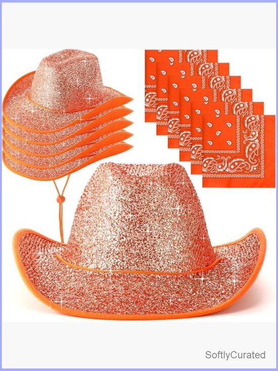 6 Sparkly Cowboy Hats with Bandanas Adjustable Western Party Set